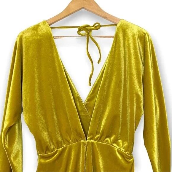 LPA Celeste Velvet Mini Dress Size S Faux Wrap Long Sleeve V-Neck Gold Party - Picture 6 of 15